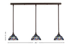 Any Three Light Linear Pendalier in Dark Granite with 7" Blue Mosaic Art Glass Shade