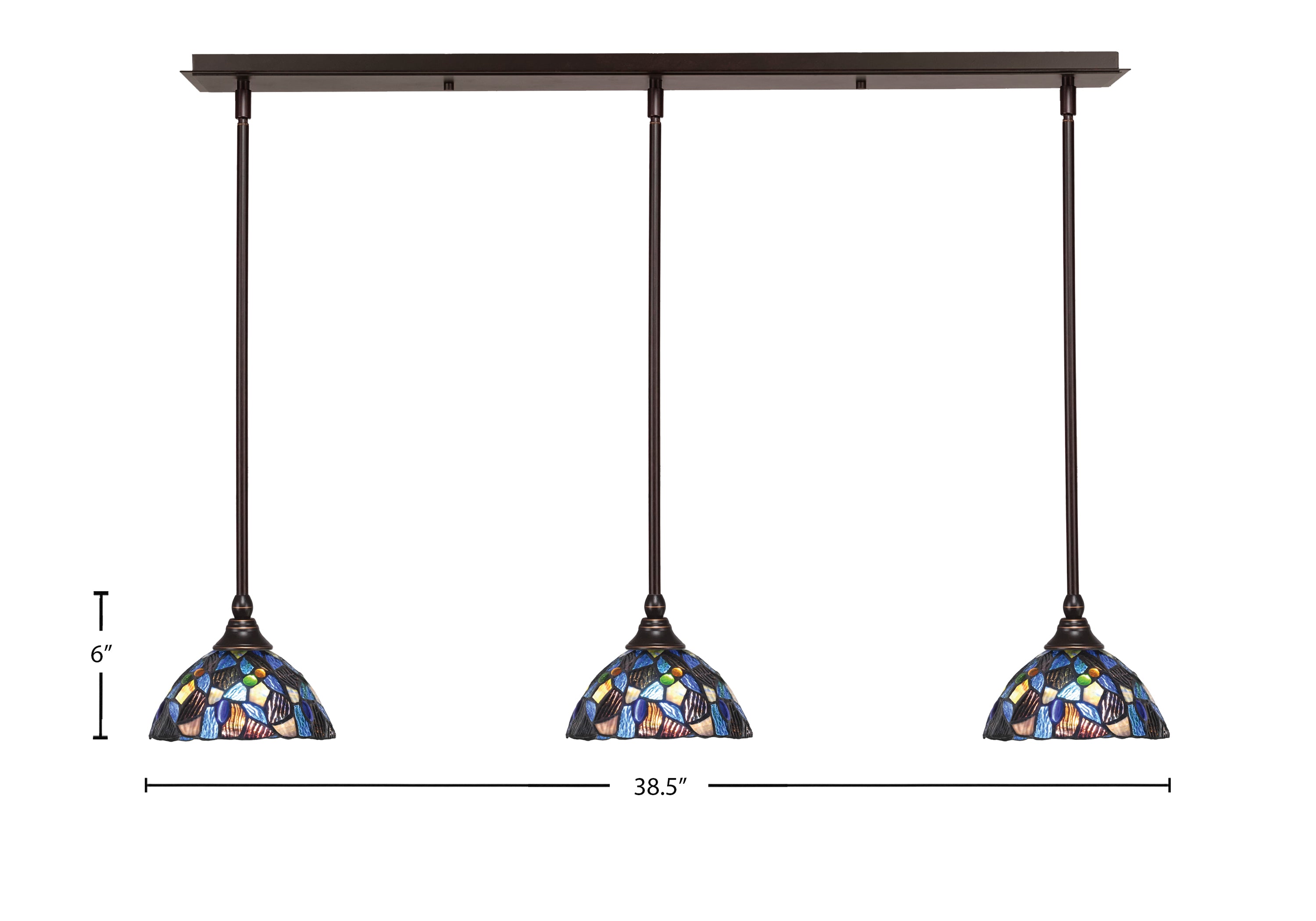 Any Three Light Linear Pendalier in Dark Granite with 7" Blue Mosaic Art Glass Shade