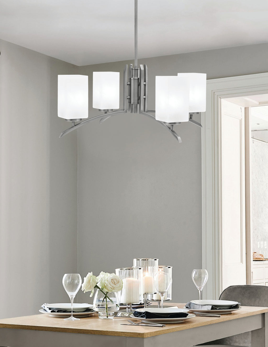 Kurve Four Light Chandelier in Graphite with Square White Marble Shade