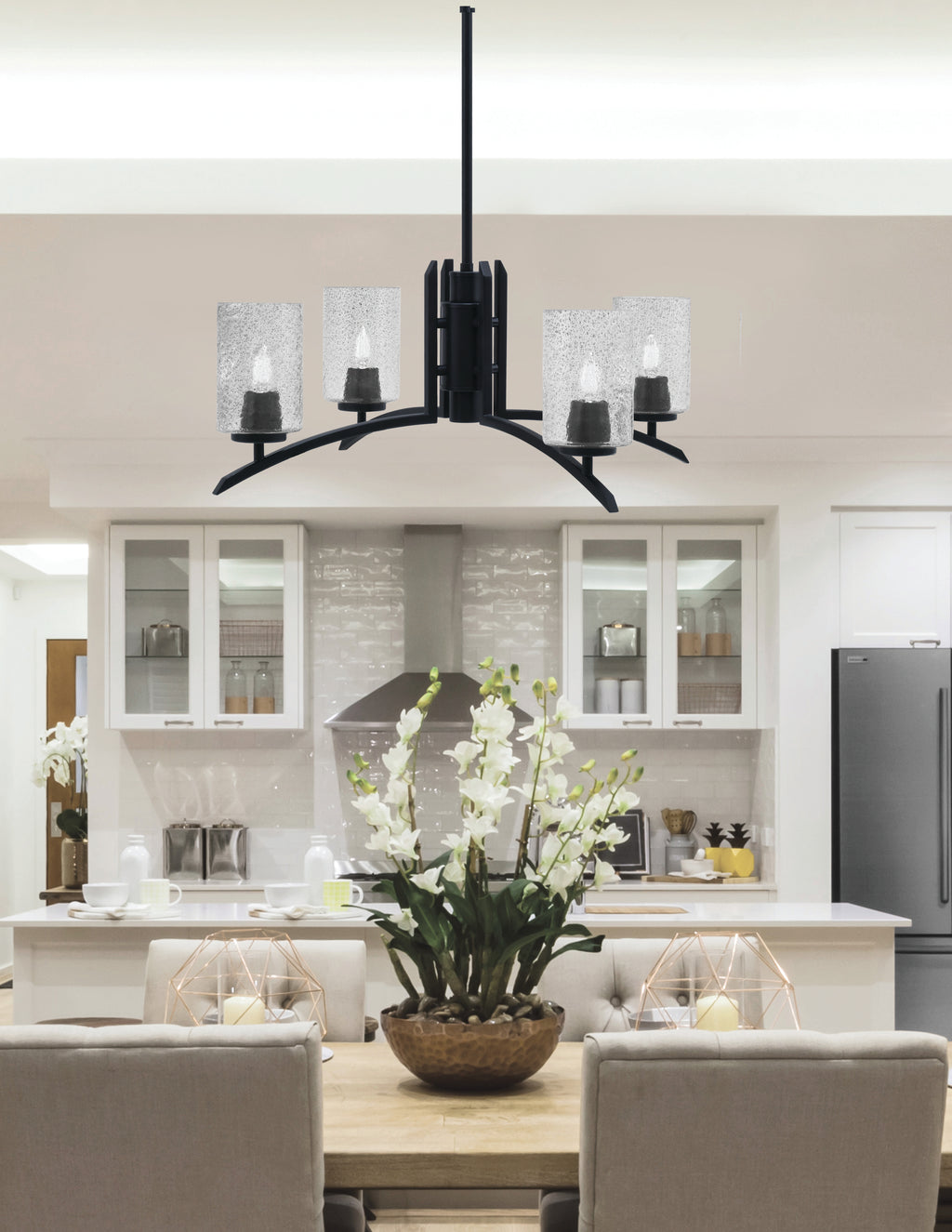 Kurve Four Light Chandelier in Matte Black with 4" Smoke Bubble Shade