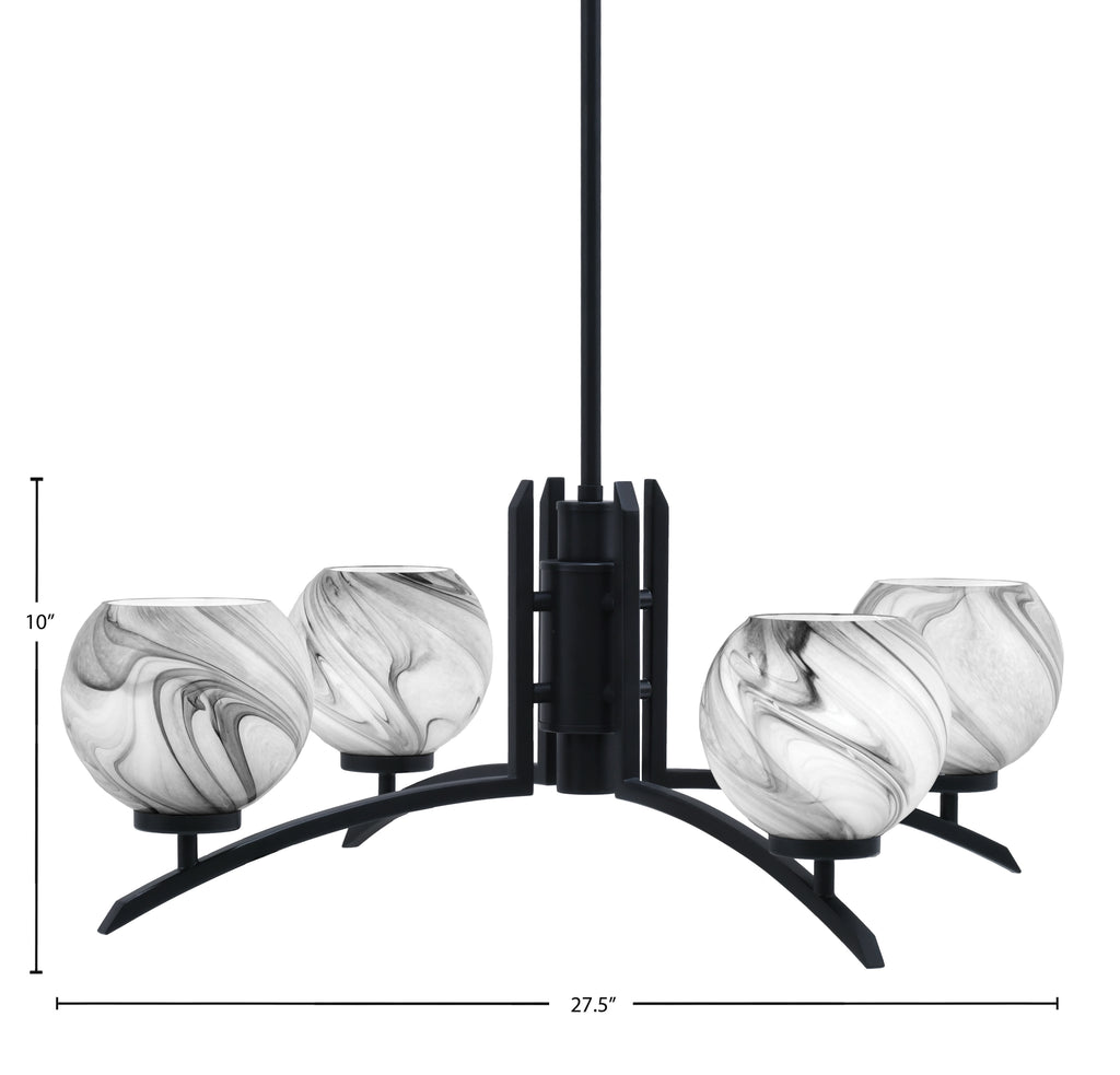 Kurve Four Light Chandelier in Matte Black with 5.75" Onyx Swirl Shade