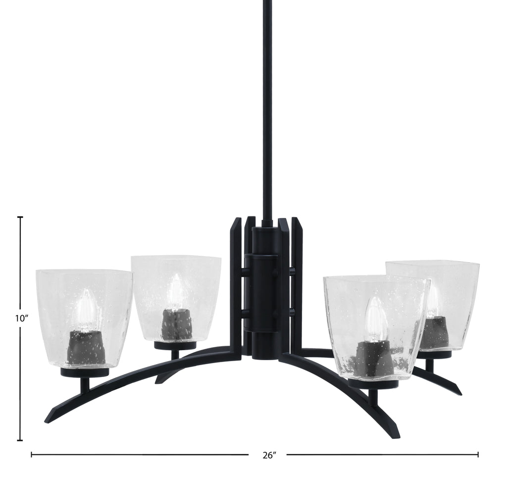 Kurve Four Light Chandelier in Matte Black with 4.5" Square Clear Bubble Shade
