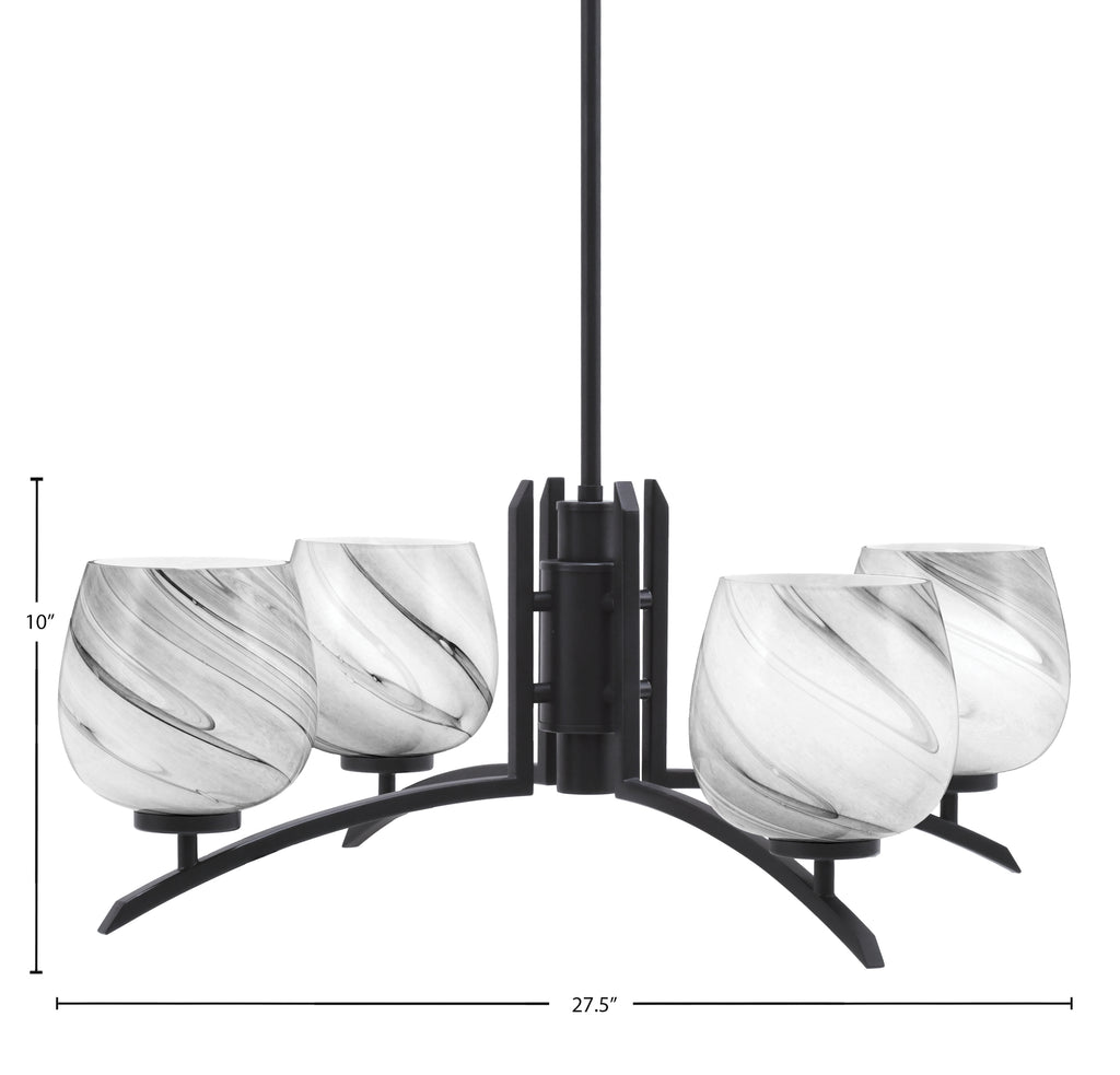 Kurve Four Light Chandelier in Matte Black with 6" Onyx Swirl Shade