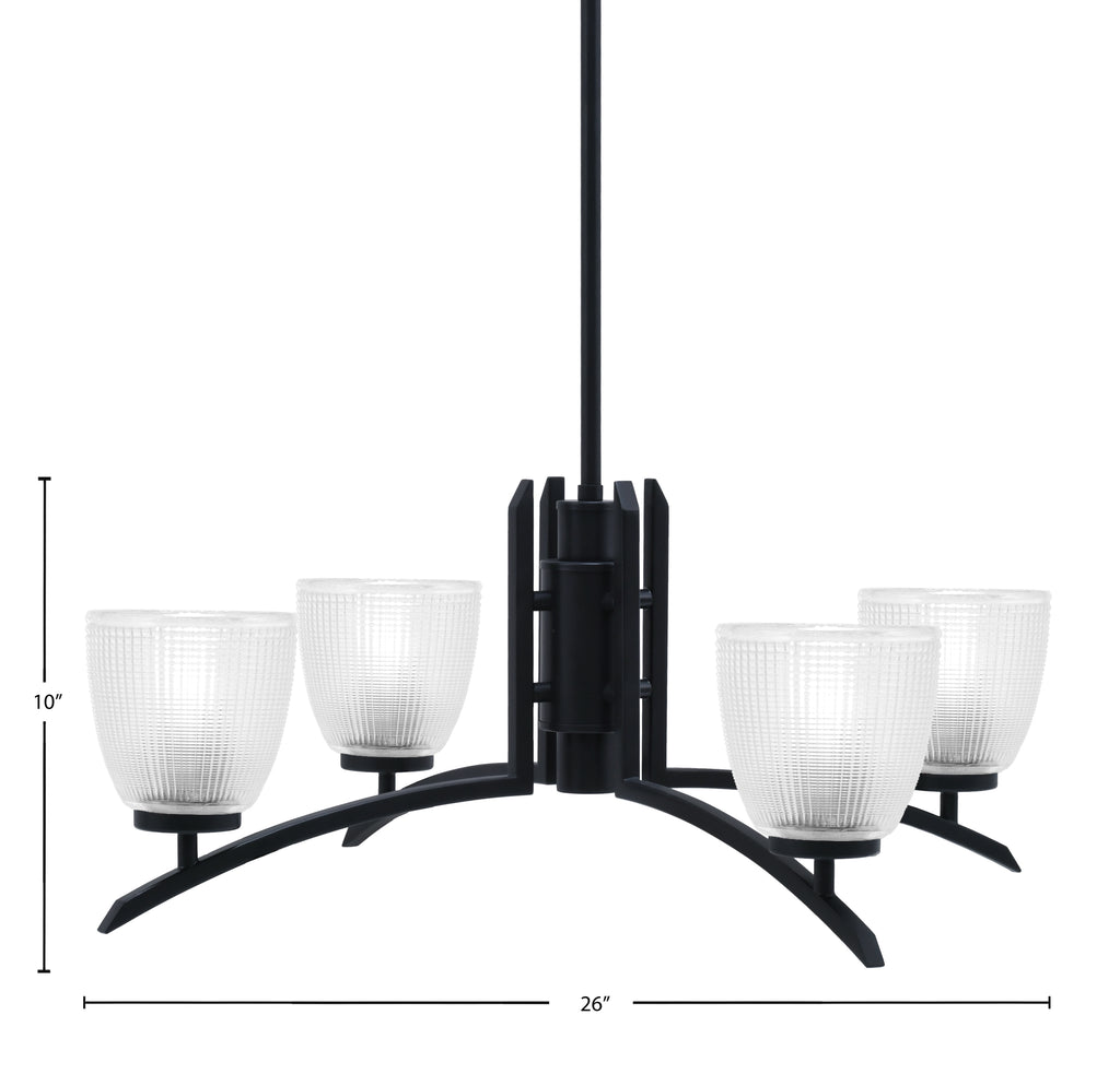 Kurve Four Light Chandelier in Matte Black with 5" Clear Ribbed Shade