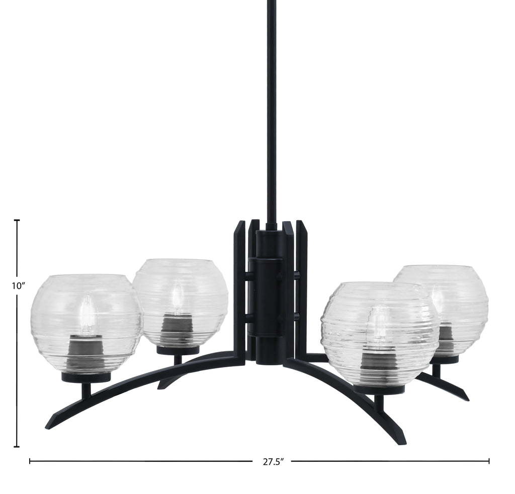 Kurve Four Light Chandelier in Matte Black with 6" Clear Ribbed Shade