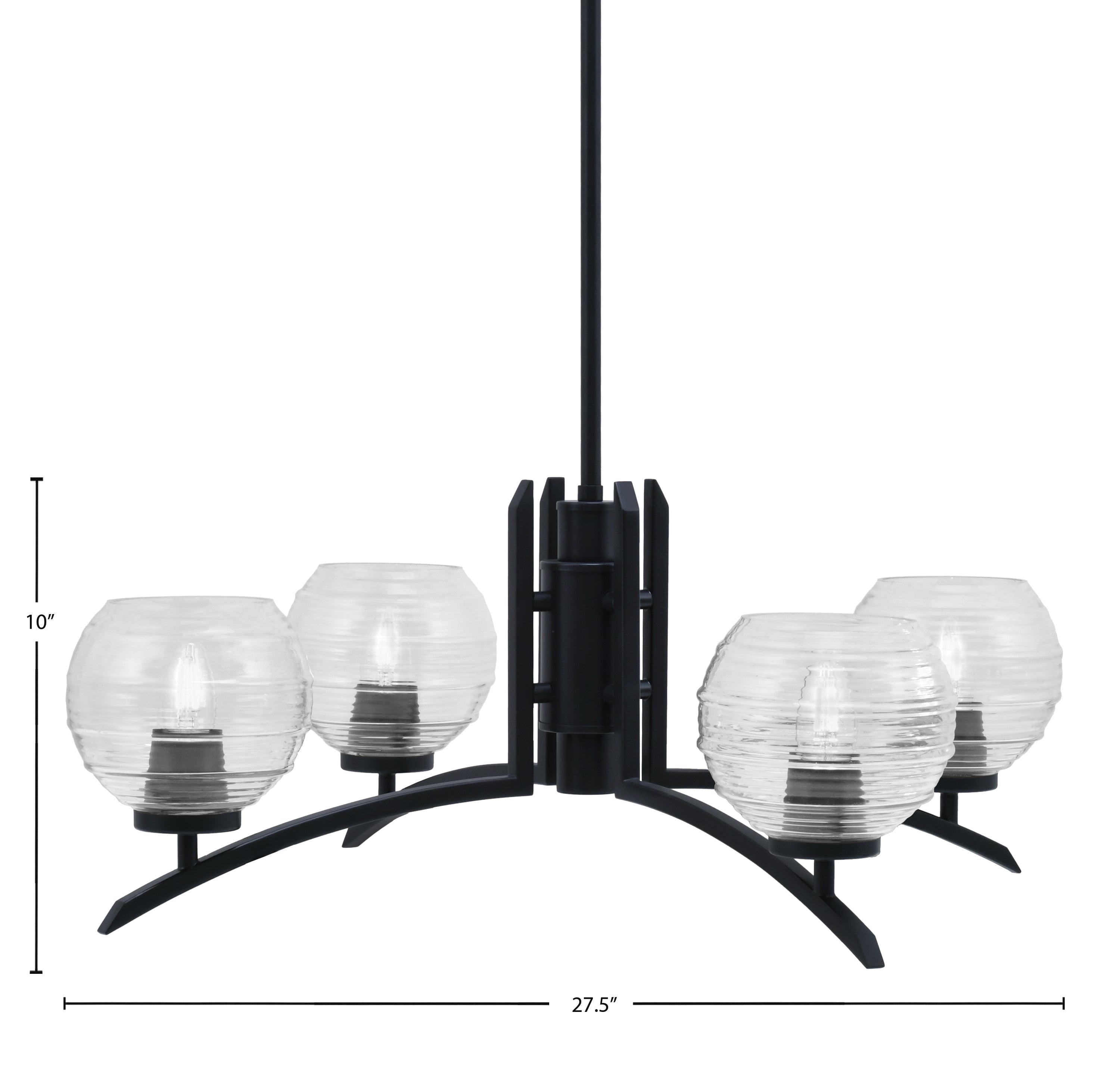 Kurve Four Light Chandelier in Matte Black with 6" Clear Ribbed Shade