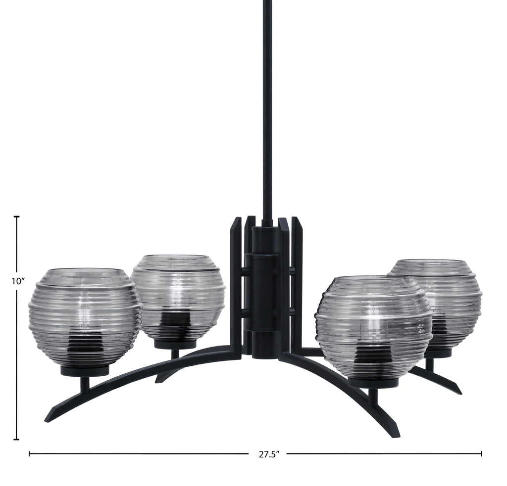 Kurve Four Light Chandelier in Matte Black with 6" Smoke Ribbed Shade
