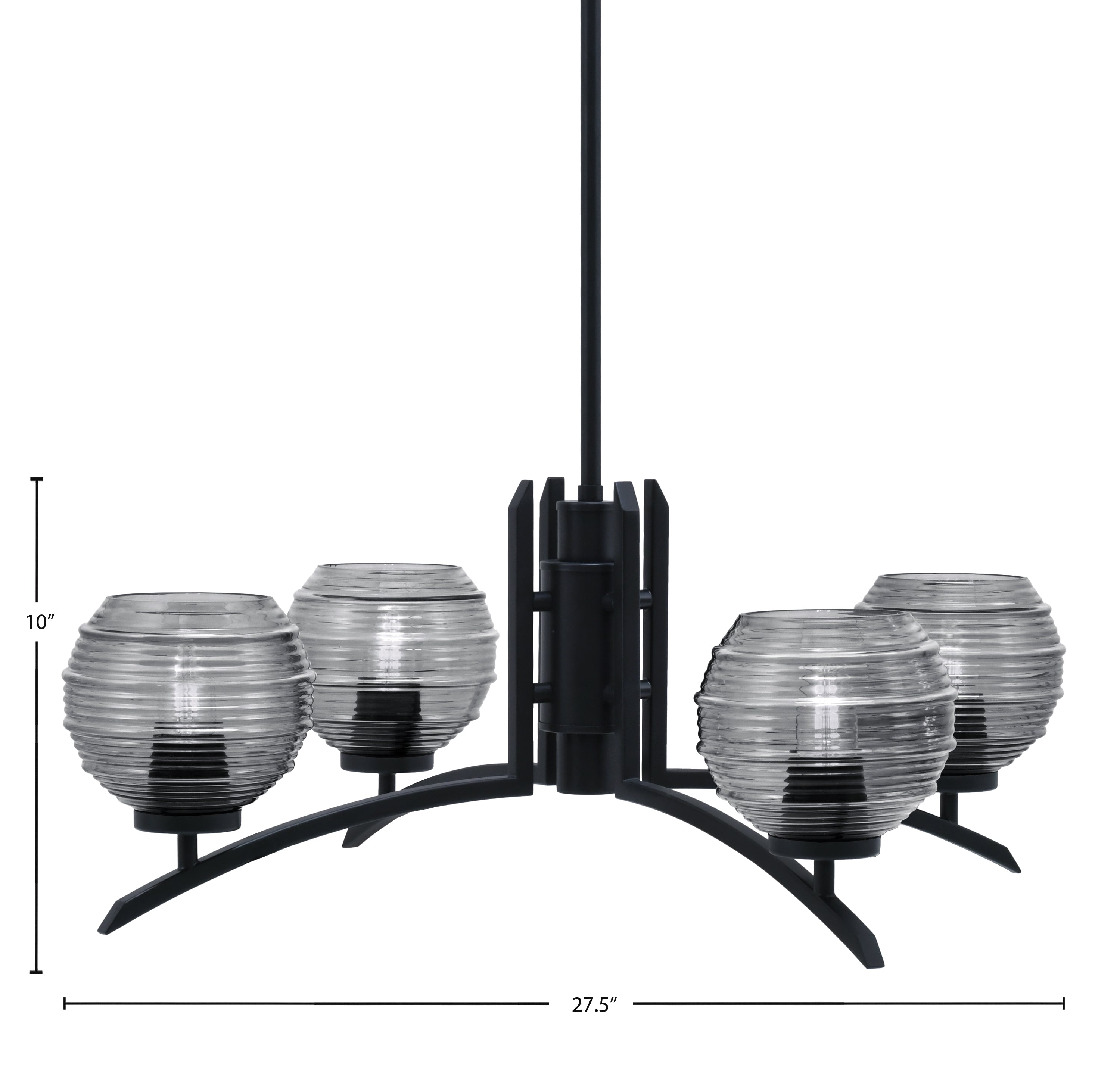 Kurve Four Light Chandelier in Matte Black with 6" Smoke Ribbed Shade