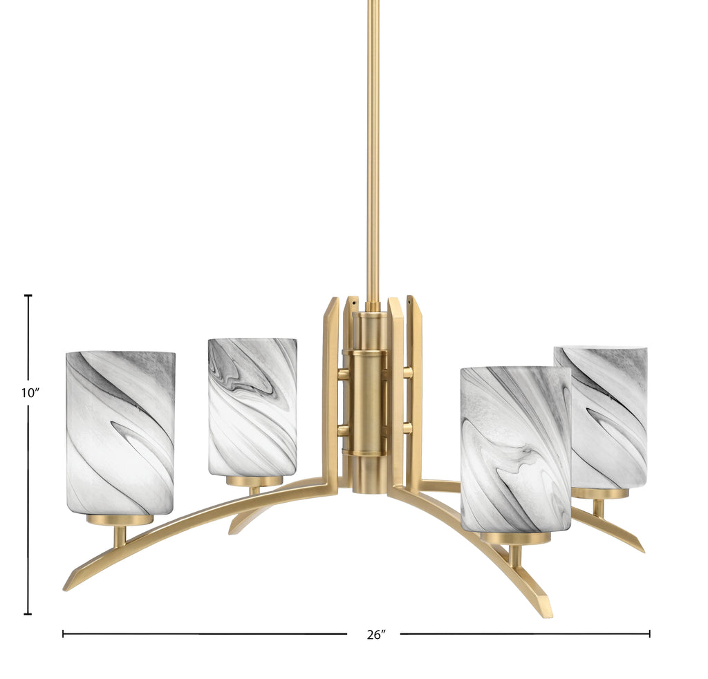 Kurve Four Light Chandelier in New Age Brass with Onyx Swirl Shade
