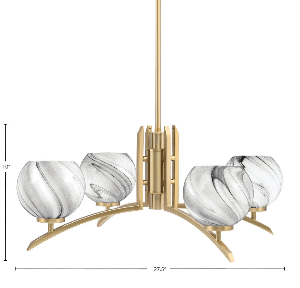 Kurve Four Light Chandelier in New Age Brass with Onyx Swirl Shade