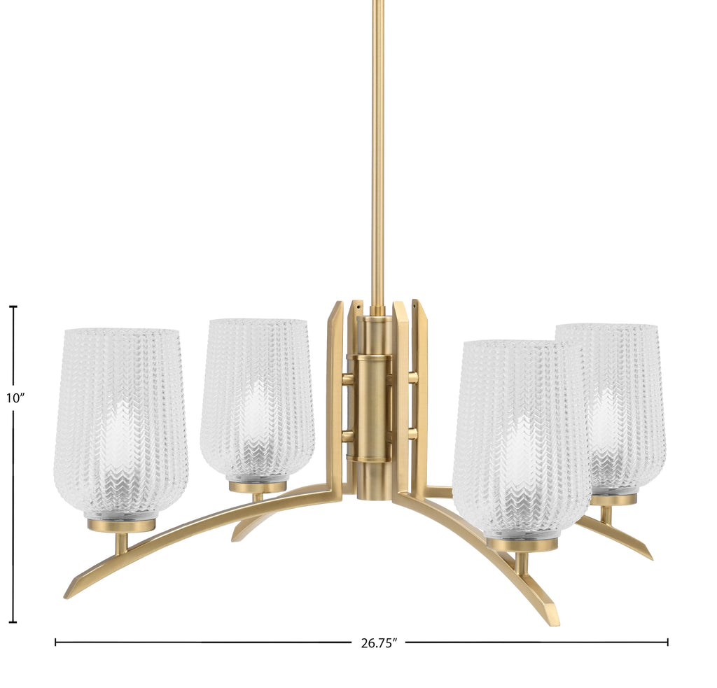 Kurve Four Light Chandelier in New Age Brass with Clear Textured Shade