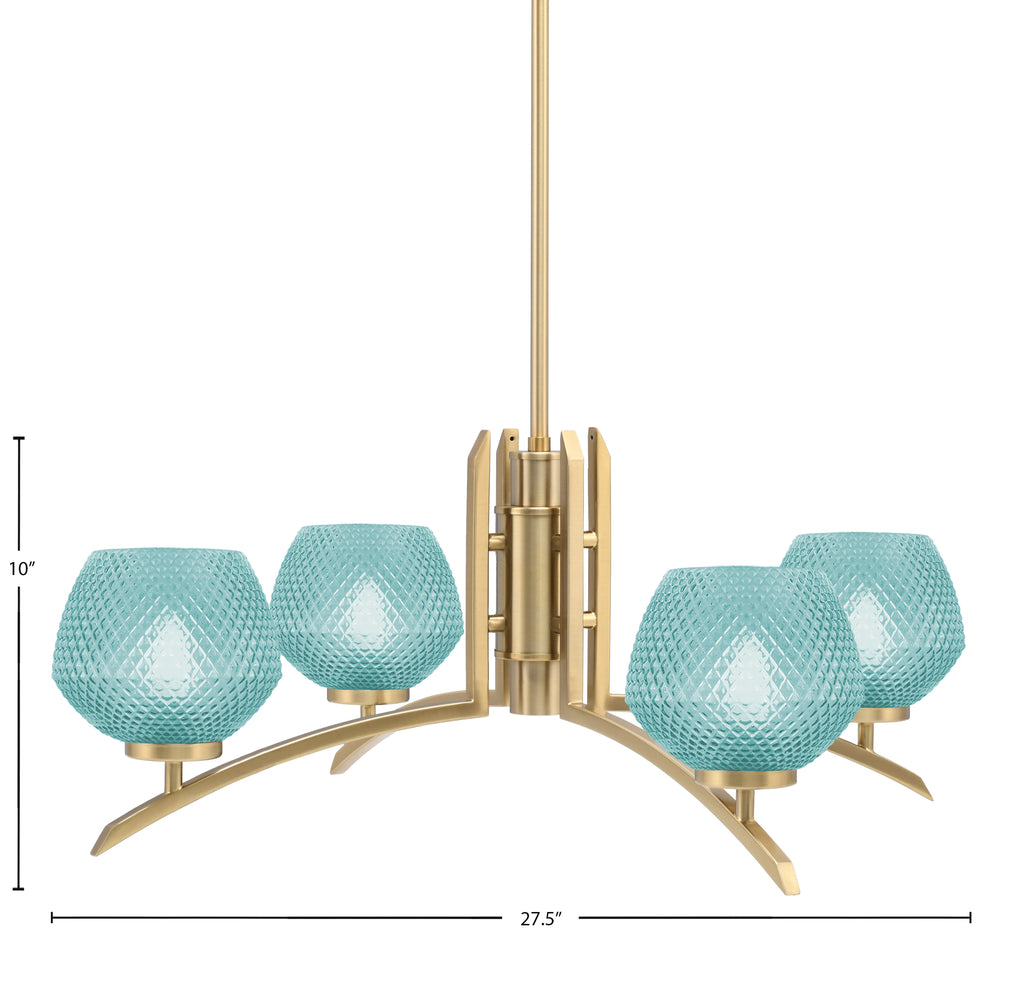 Kurve Four Light Chandelier in New Age Brass with Turquoise Textured Shade
