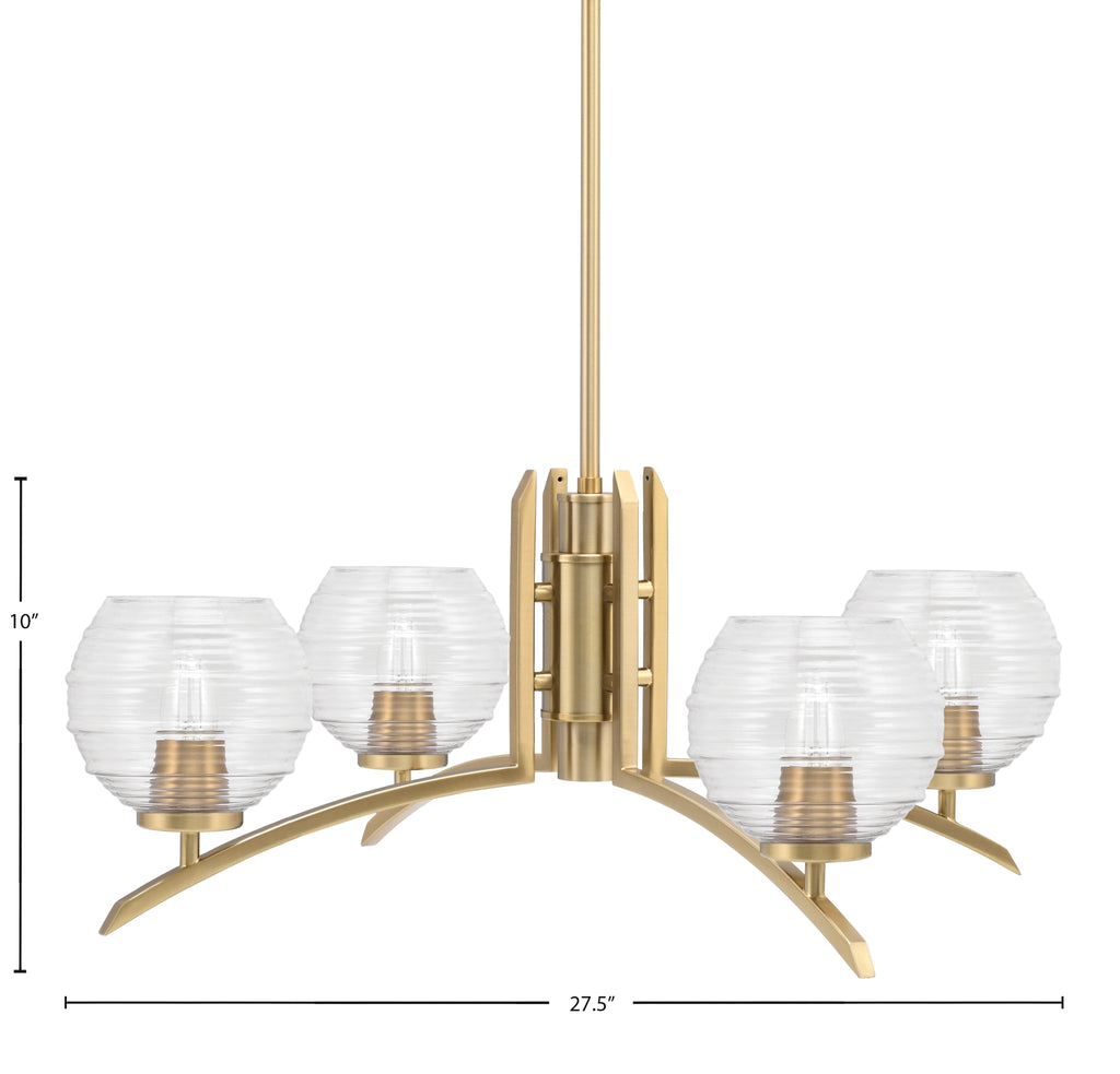 Kurve Four Light Chandelier in New Age Brass with Clear Ribbed Shade