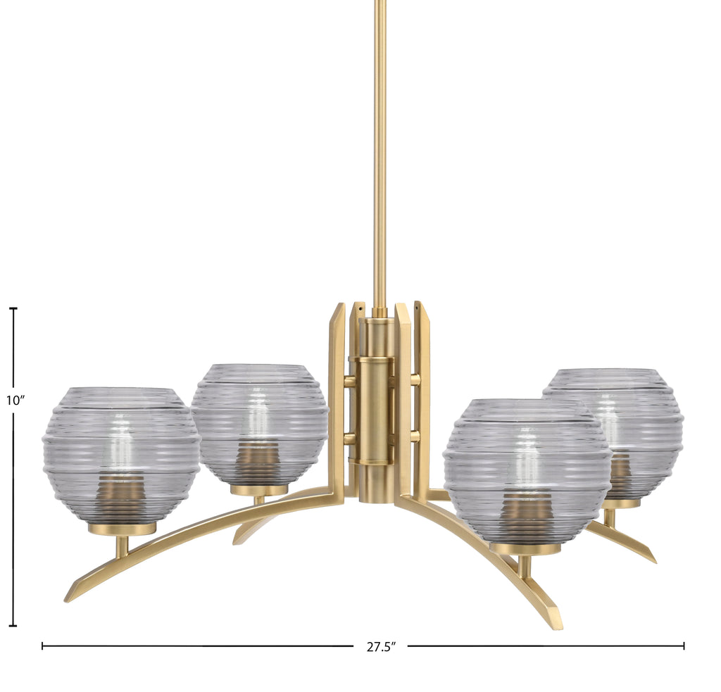 Kurve Four Light Chandelier in New Age Brass with Smoke Ribbed Shade