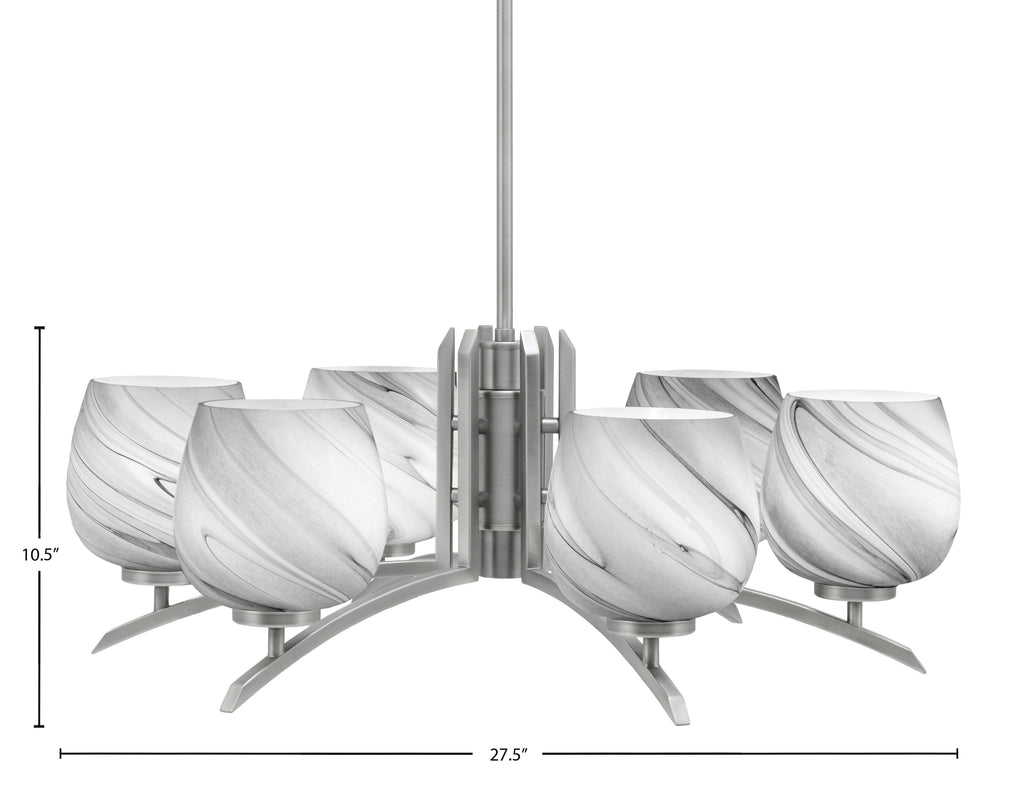 Kurve Six Light Chandelier in Graphite with 6" Onyx Swirl Shade
