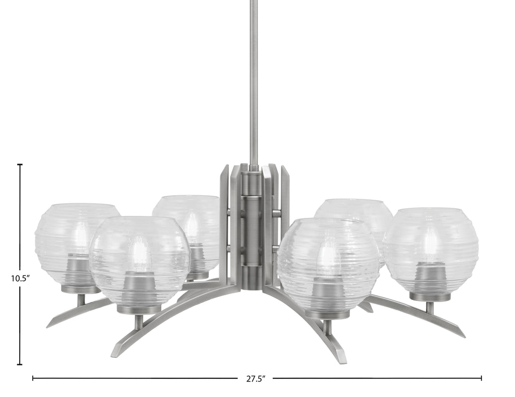 Kurve Six Light Chandelier in Graphite with 6" Clear Ribbed Shade