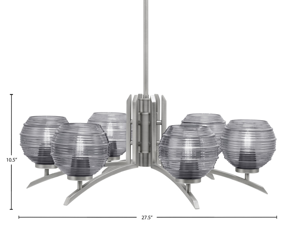 Kurve Six Light Chandelier in Graphite with 6" Smoke Ribbed Shade