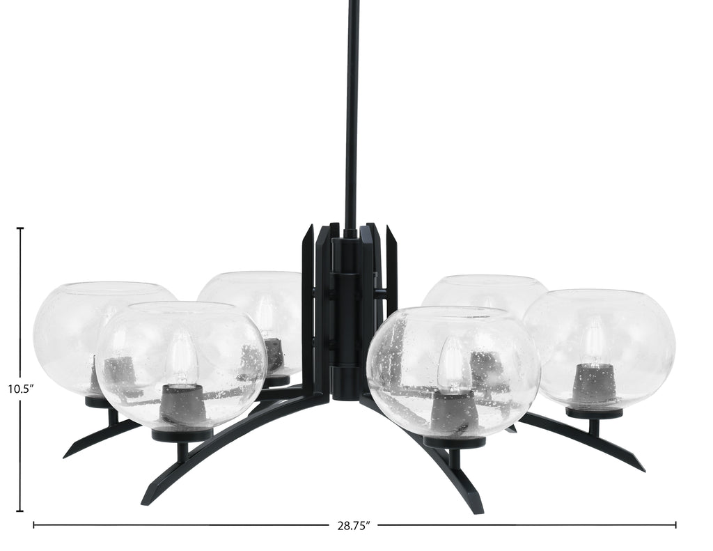 Kurve Six Light Chandelier in Matte Black with Clear Bubble Shade