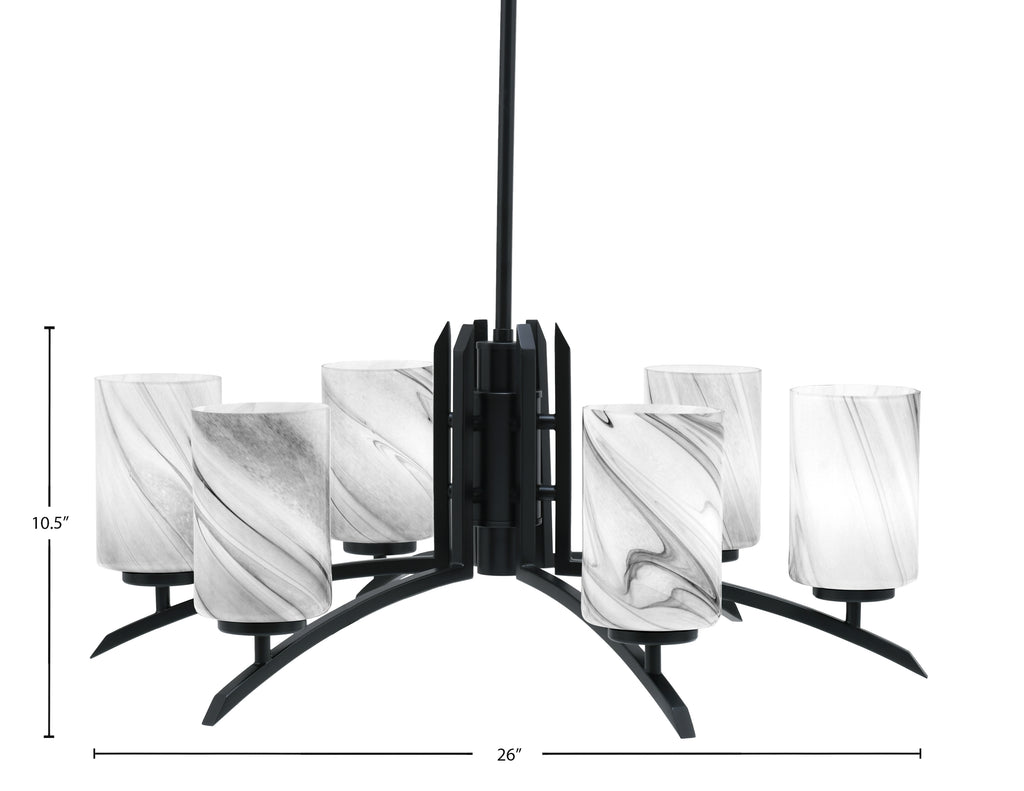 Kurve Six Light Chandelier in Matte Black with Onyx Swirl Shade