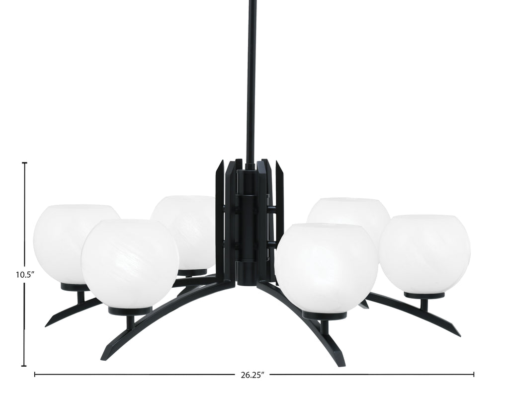 Kurve Six Light Chandelier in Matte Black with White Marble Shade