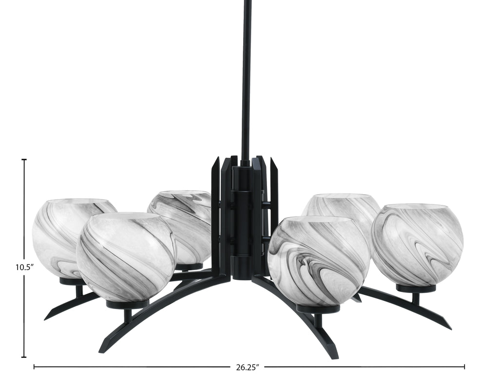 Kurve Six Light Chandelier in Matte Black with Onyx Swirl Shade