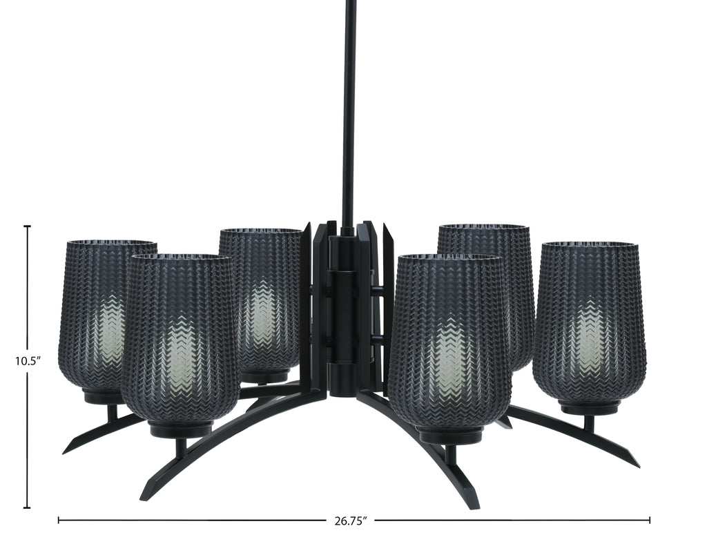 Kurve Six Light Chandelier in Matte Black with Smoke Textured Shade