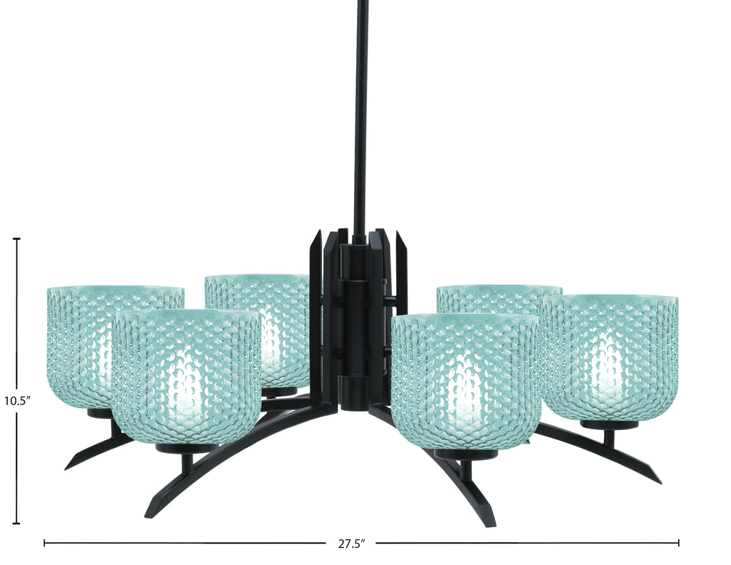 Kurve Six Light Chandelier in Matte Black with Turquoise Textured Shade