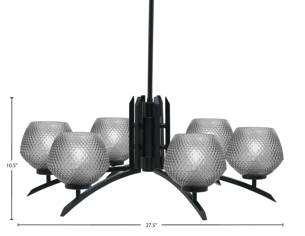 Kurve Six Light Chandelier in Matte Black with Smoke Textured Shade