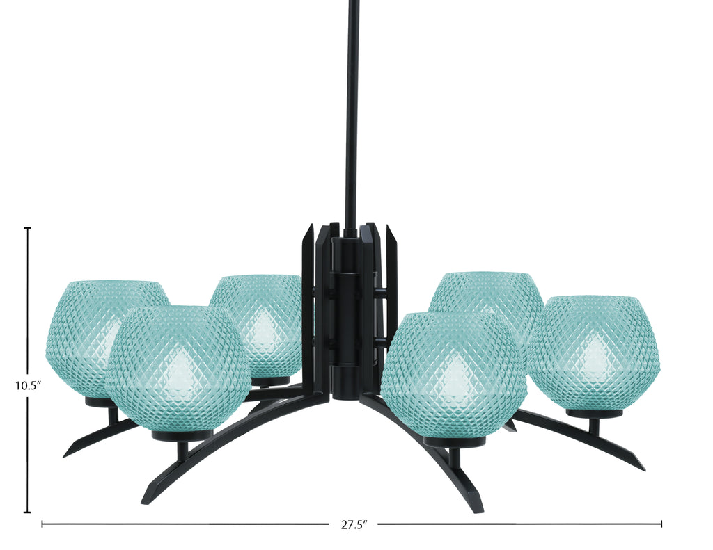 Kurve Six Light Chandelier in Matte Black with Turquoise Textured Shade
