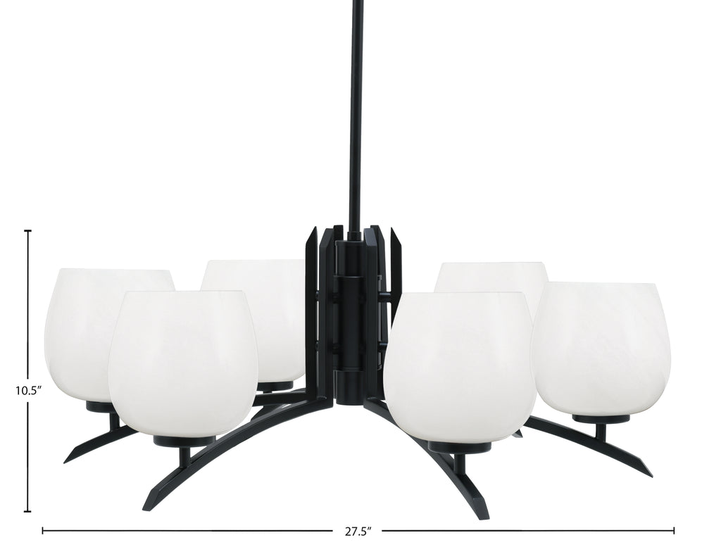 Kurve Six Light Chandelier in Matte Black with White Marble Shade