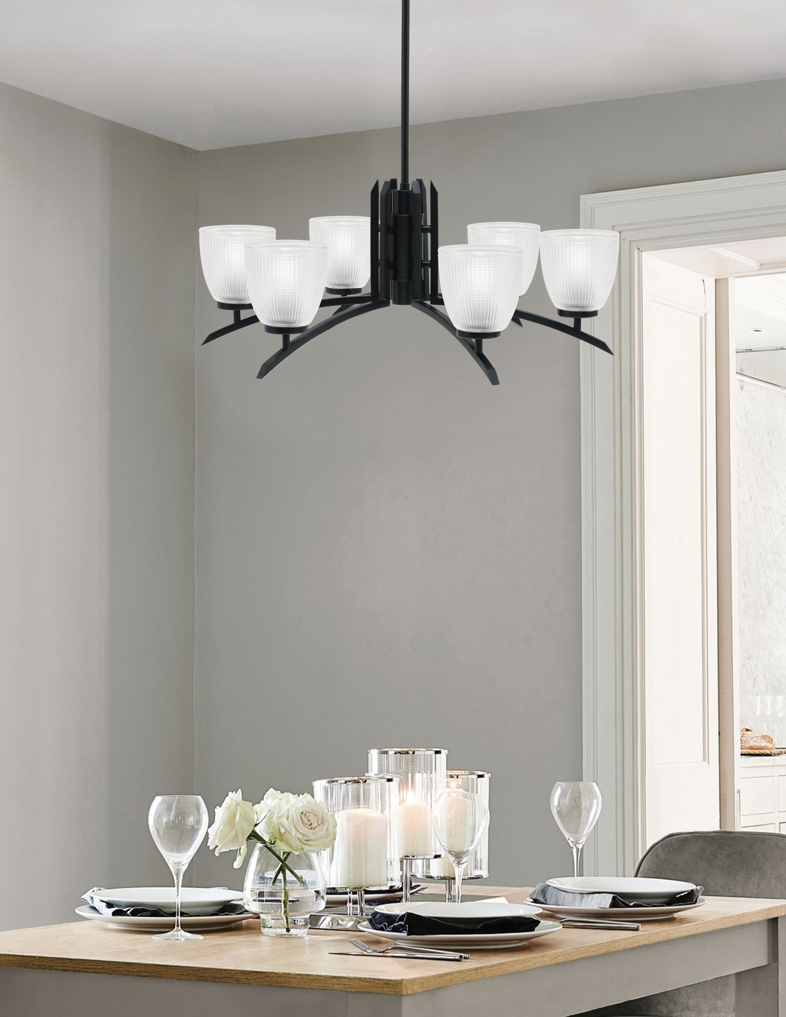 Kurve Six Light Chandelier in Matte Black with Clear Ribbed Shade