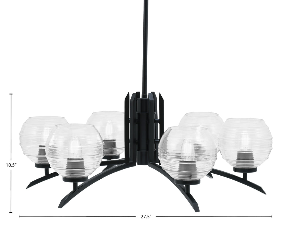Kurve Six Light Chandelier in Matte Black with Clear Ribbed Shade