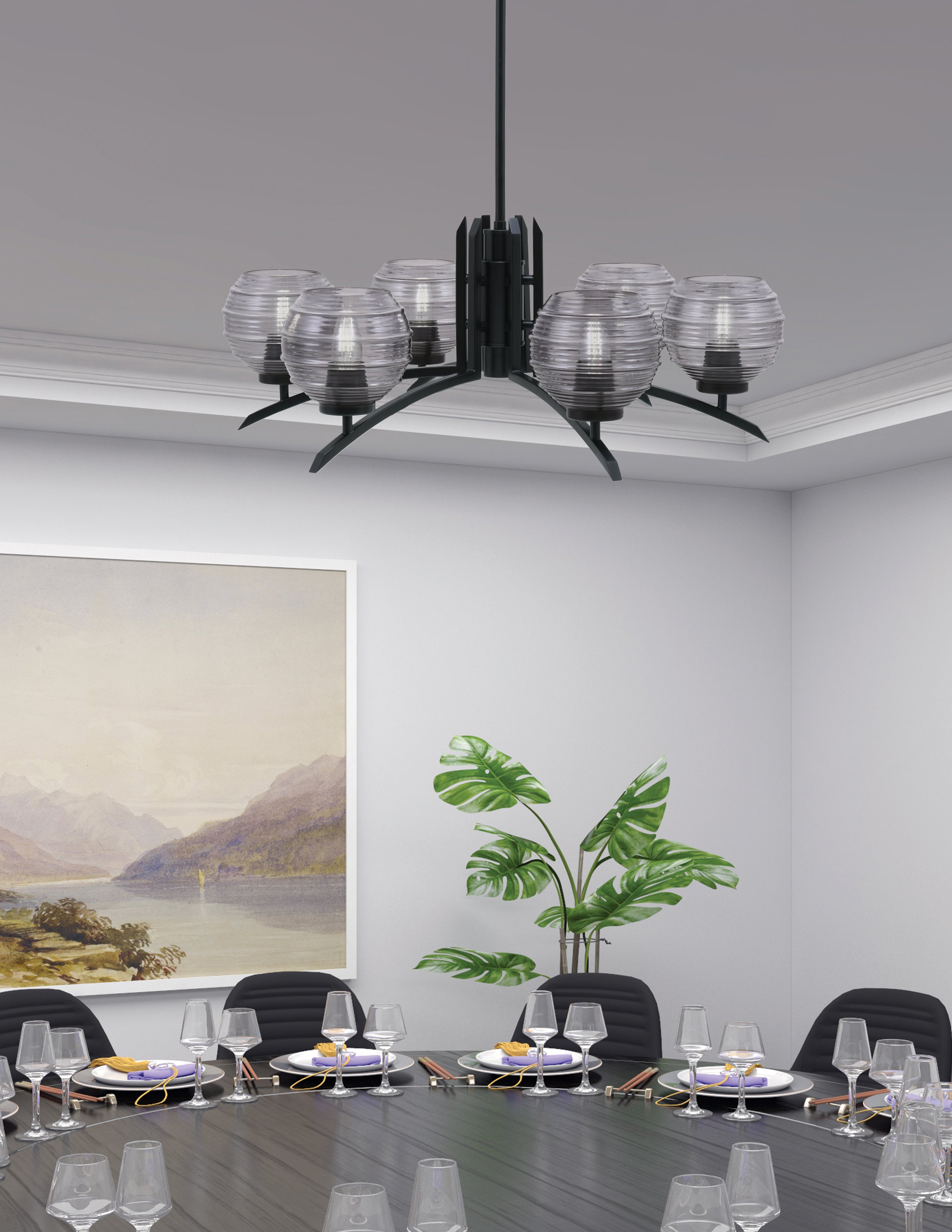 Kurve Six Light Chandelier in Matte Black with Smoke Ribbed Shade