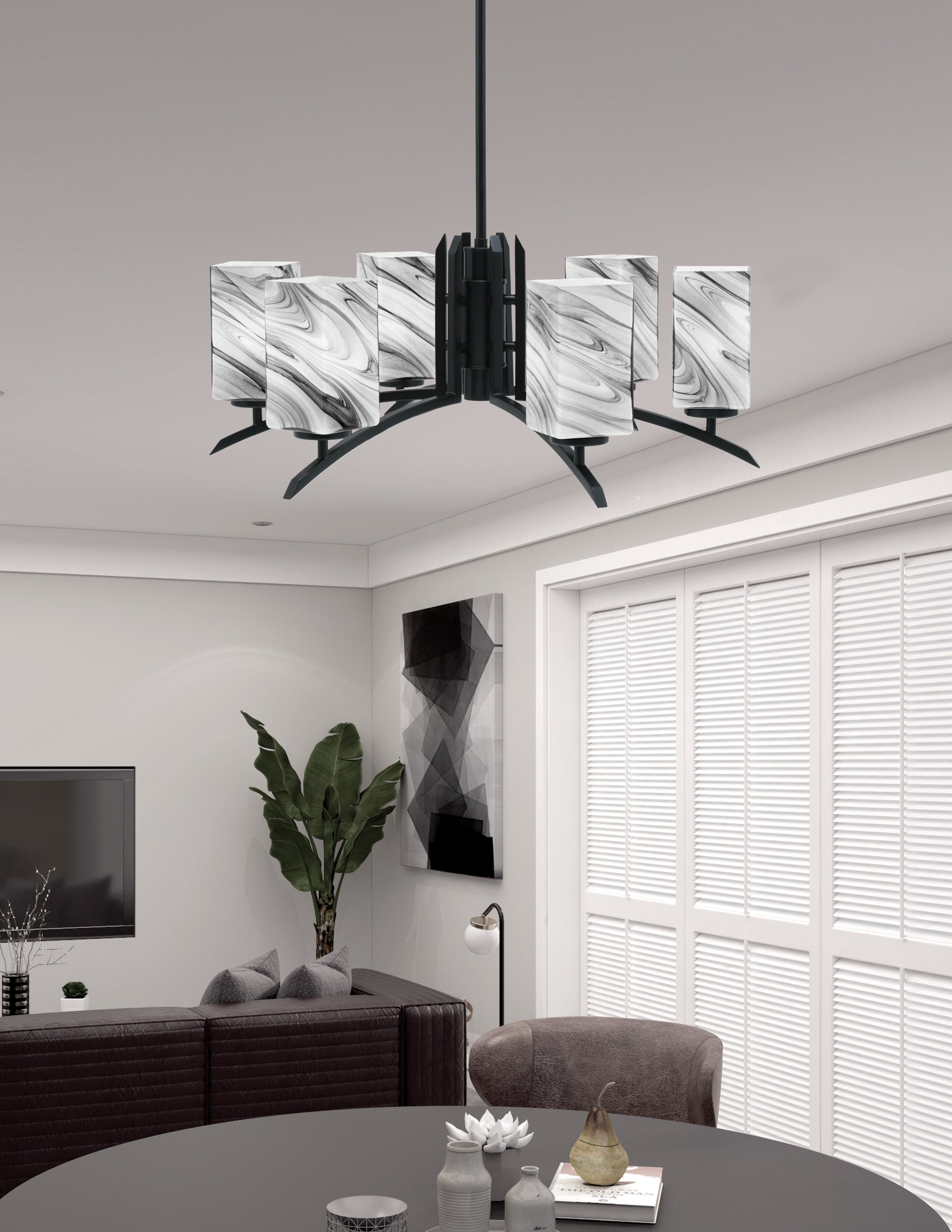 Kurve Six Light Chandelier in Matte Black with Onyx Swirl Shade