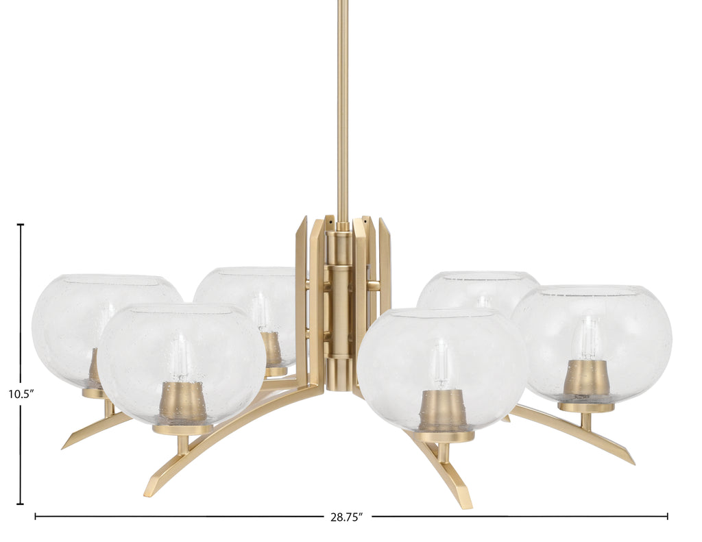 Kurve Six Light Chandelier in New Age Brass with Clear Bubble Shade