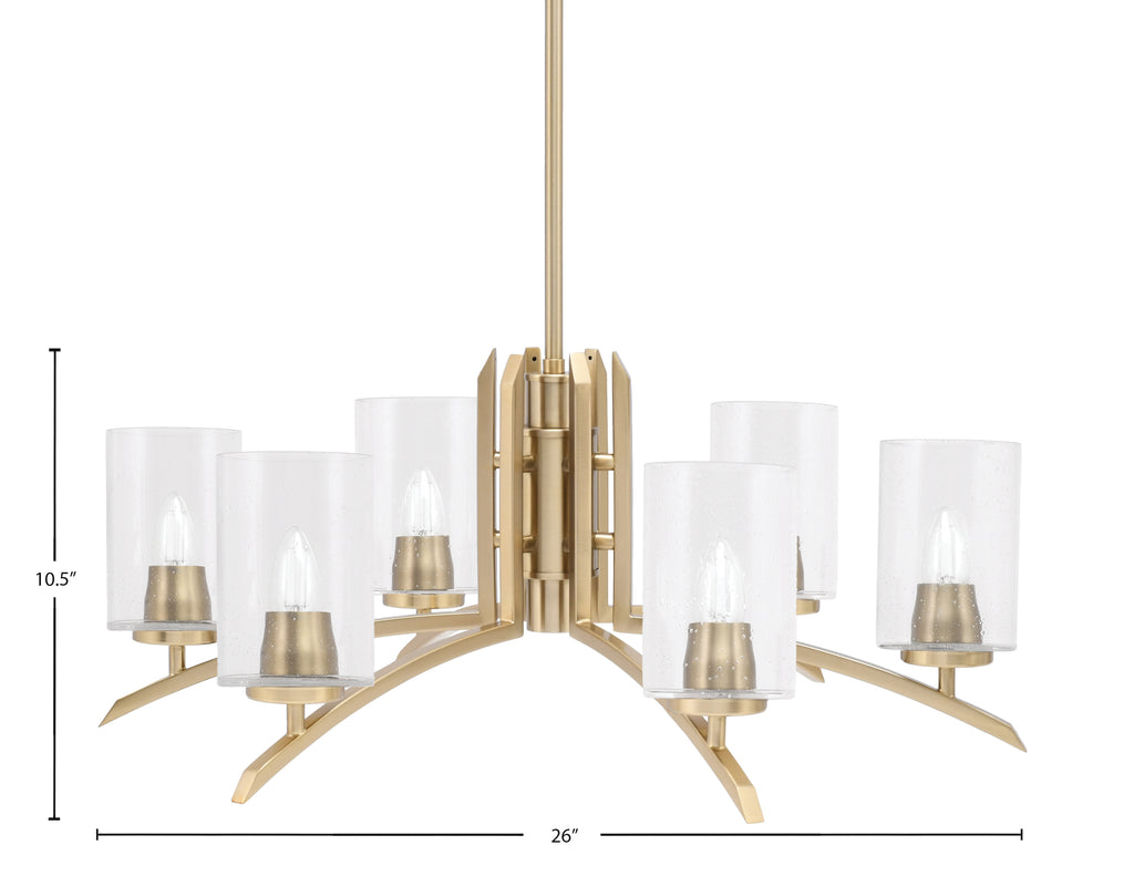 Kurve Six Light Chandelier in New Age Brass with Clear Bubble Shade