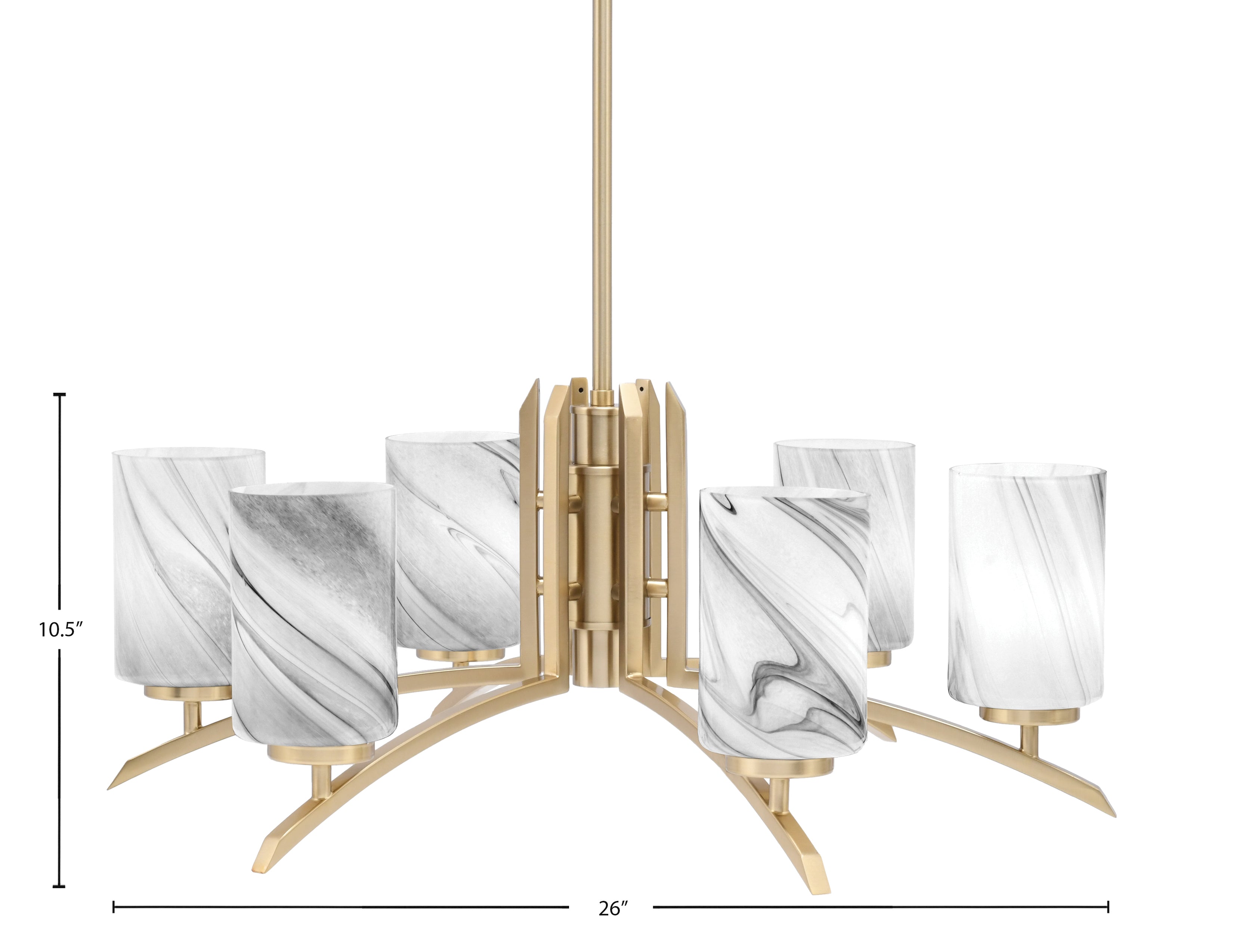 Kurve Six Light Chandelier in New Age Brass with Onyx Swirl Shade