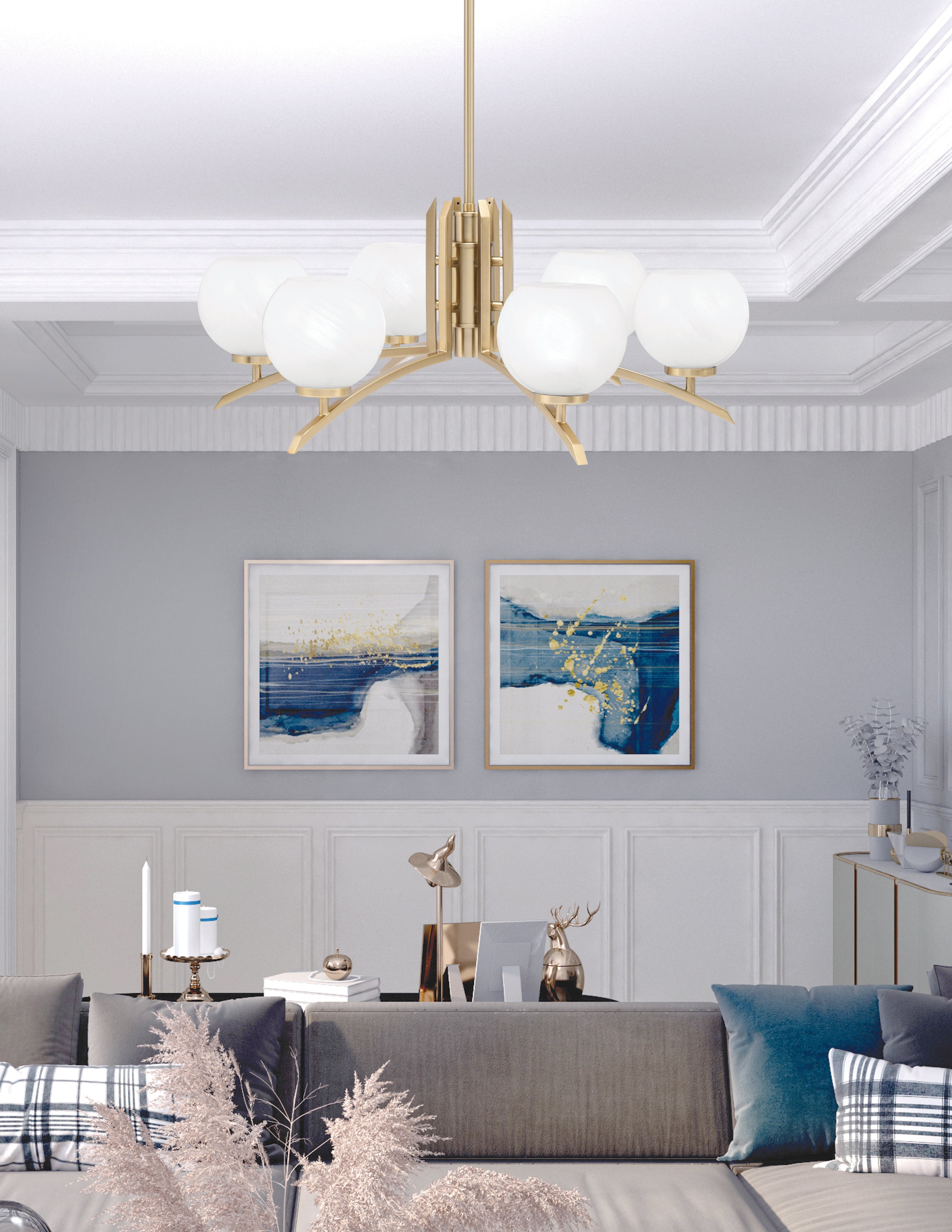 Kurve Six Light Chandelier in New Age Brass with White Marble Shade