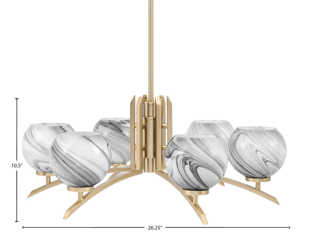 Kurve Six Light Chandelier in New Age Brass with Onyx Swirl Shade