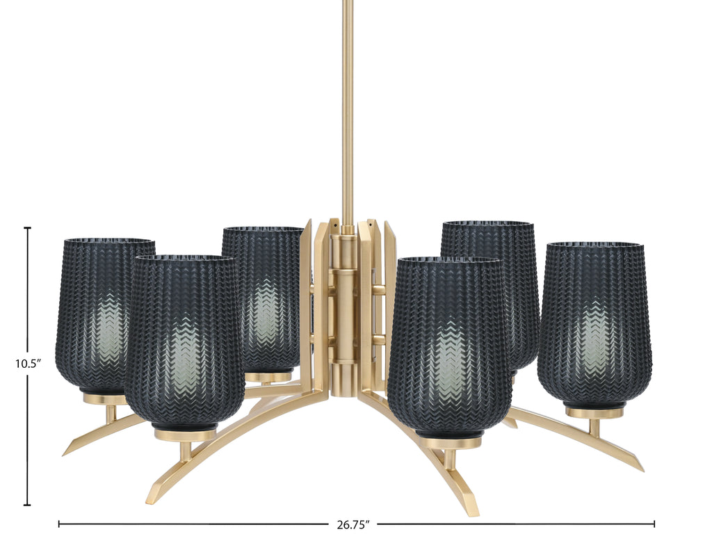 Kurve Six Light Chandelier in New Age Brass with Smoke Textured Shade