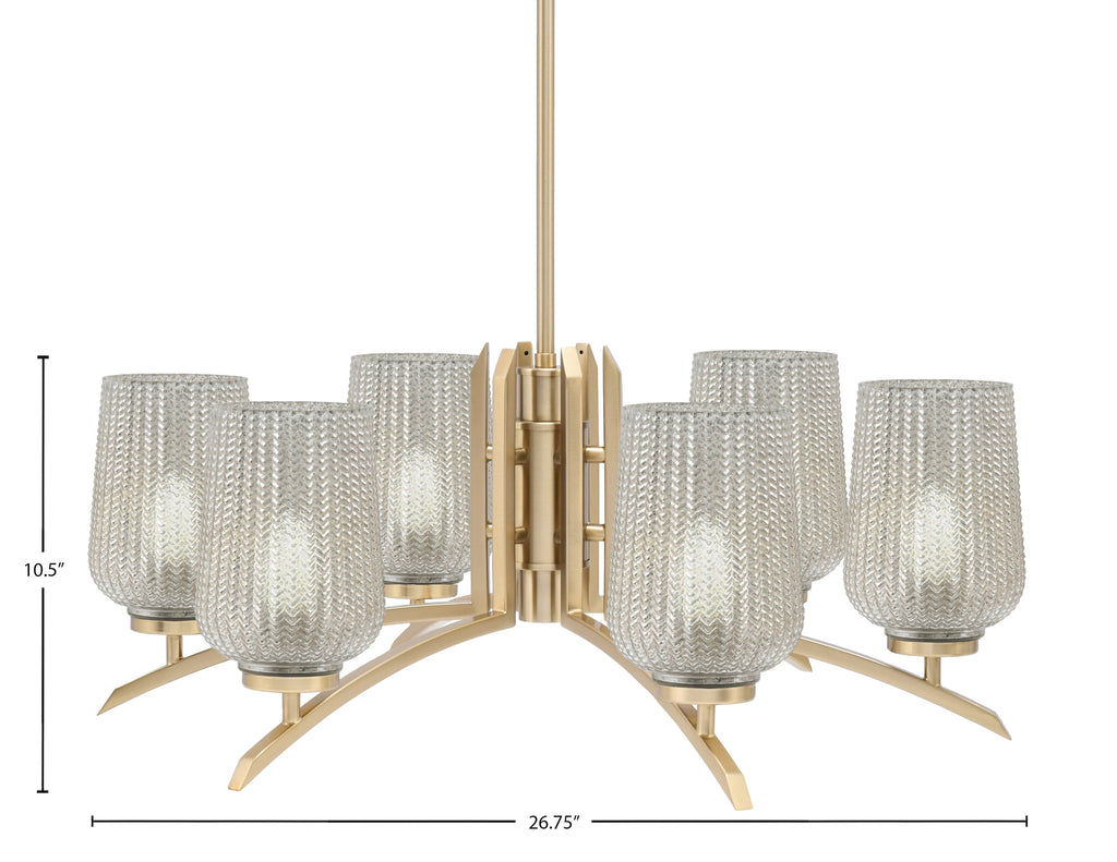 Kurve Six Light Chandelier in New Age Brass with Silver Textured Shade