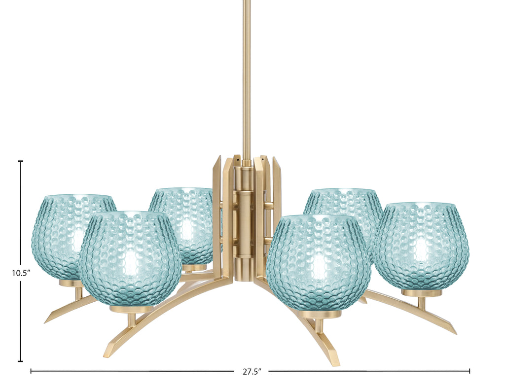 Kurve Six Light Chandelier in New Age Brass with Turquoise Textured Shade