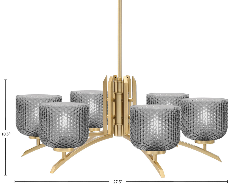 Kurve Six Light Chandelier in New Age Brass with Smoke Textured Shade