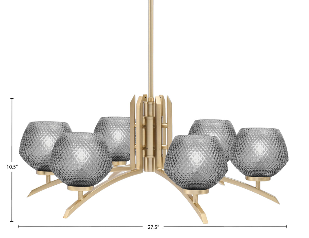 Kurve Six Light Chandelier in New Age Brass with Smoke Textured Shade