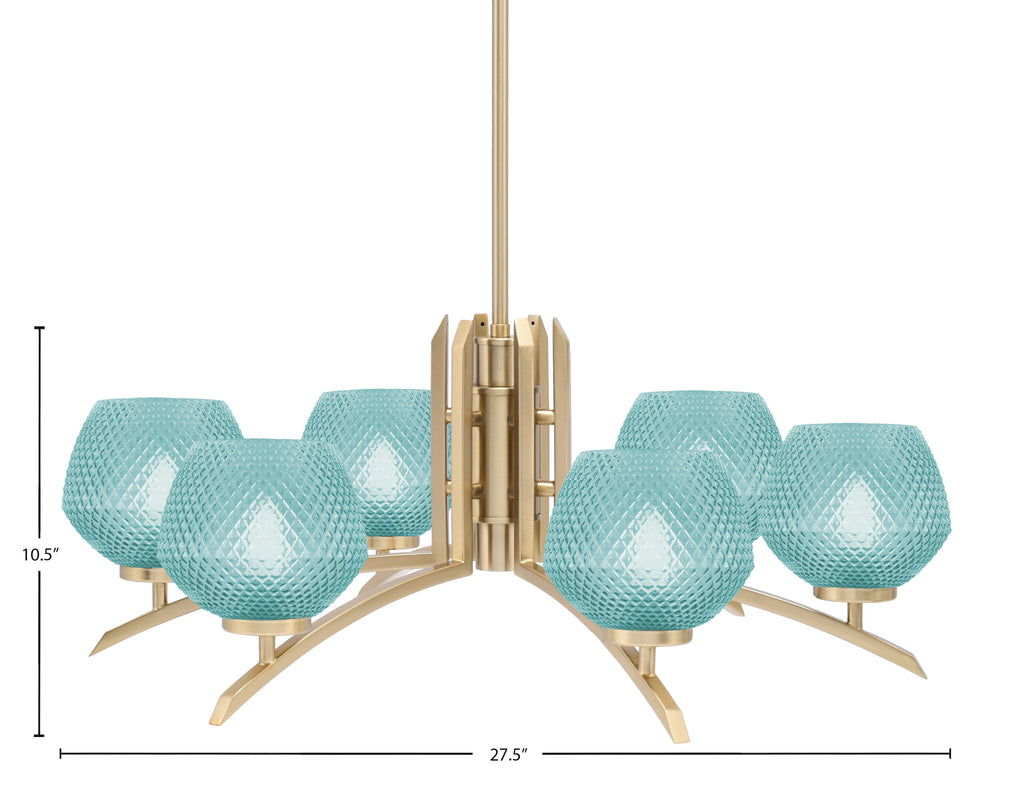 Kurve Six Light Chandelier in New Age Brass with Turquoise Textured Shade