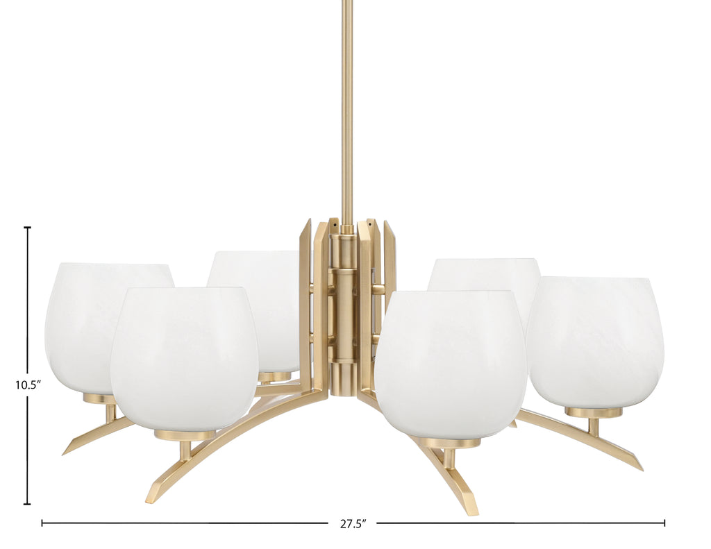 Kurve Six Light Chandelier in New Age Brass with White Marble Shade