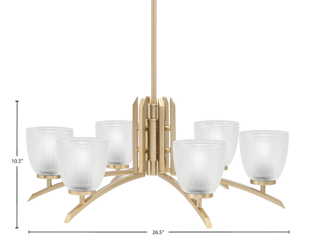 Kurve Six Light Chandelier in New Age Brass with Clear Ribbed Shade
