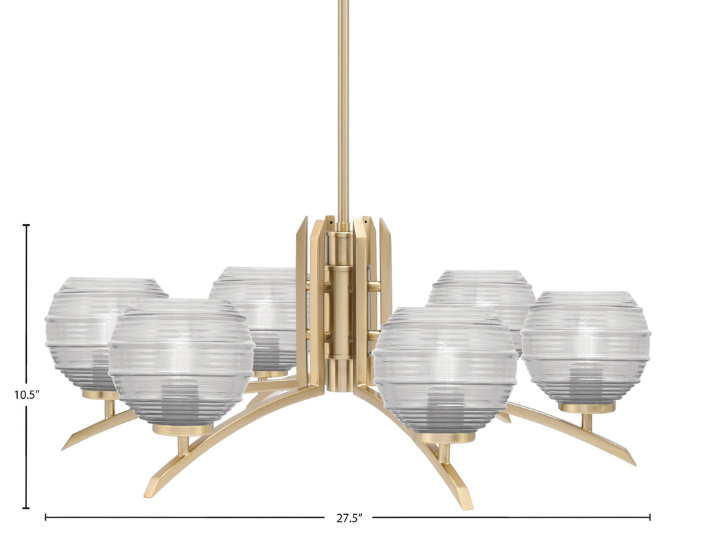 Kurve Six Light Chandelier in New Age Brass with Clear Ribbed Shade