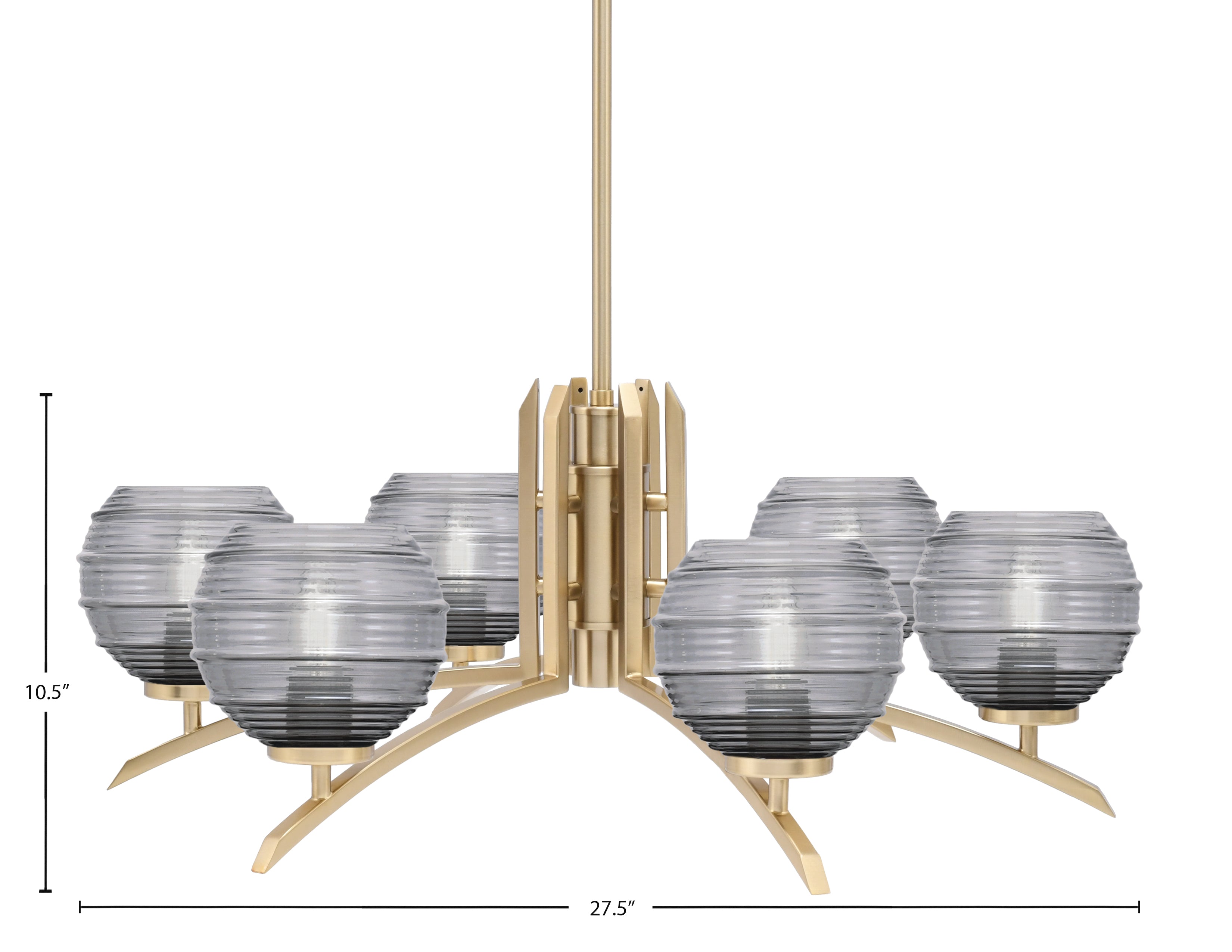 Kurve Six Light Chandelier in New Age Brass with Smoke Ribbed Shade