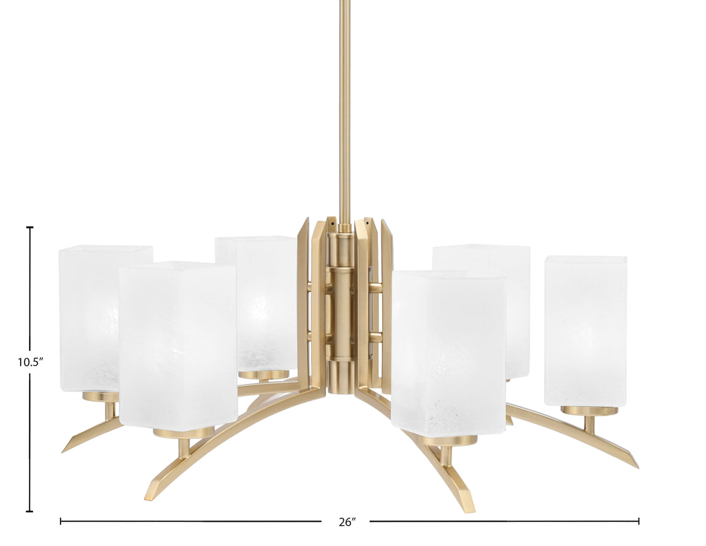 Kurve Six Light Chandelier in New Age Brass with Square White Marble Shade